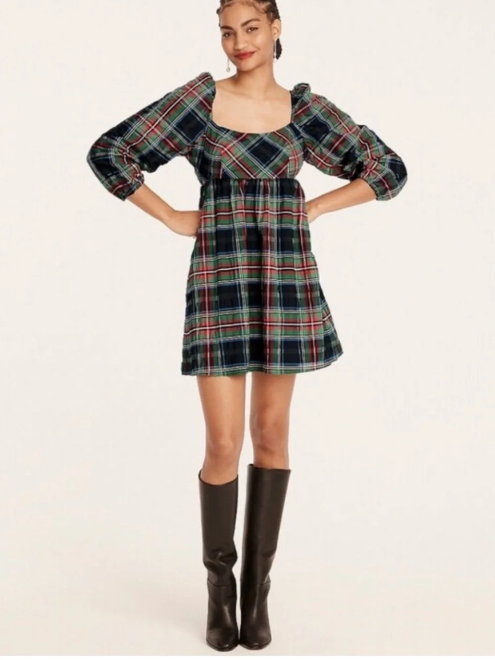 J. Crew Puff-sleeve mini dress in Stewart tartan holiday Christmas
